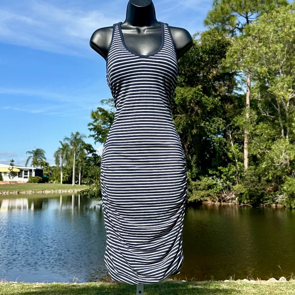 ATHLETA Ember Navy Blue Gray Stripe Racerback Side Ruched Support Tank Dress S